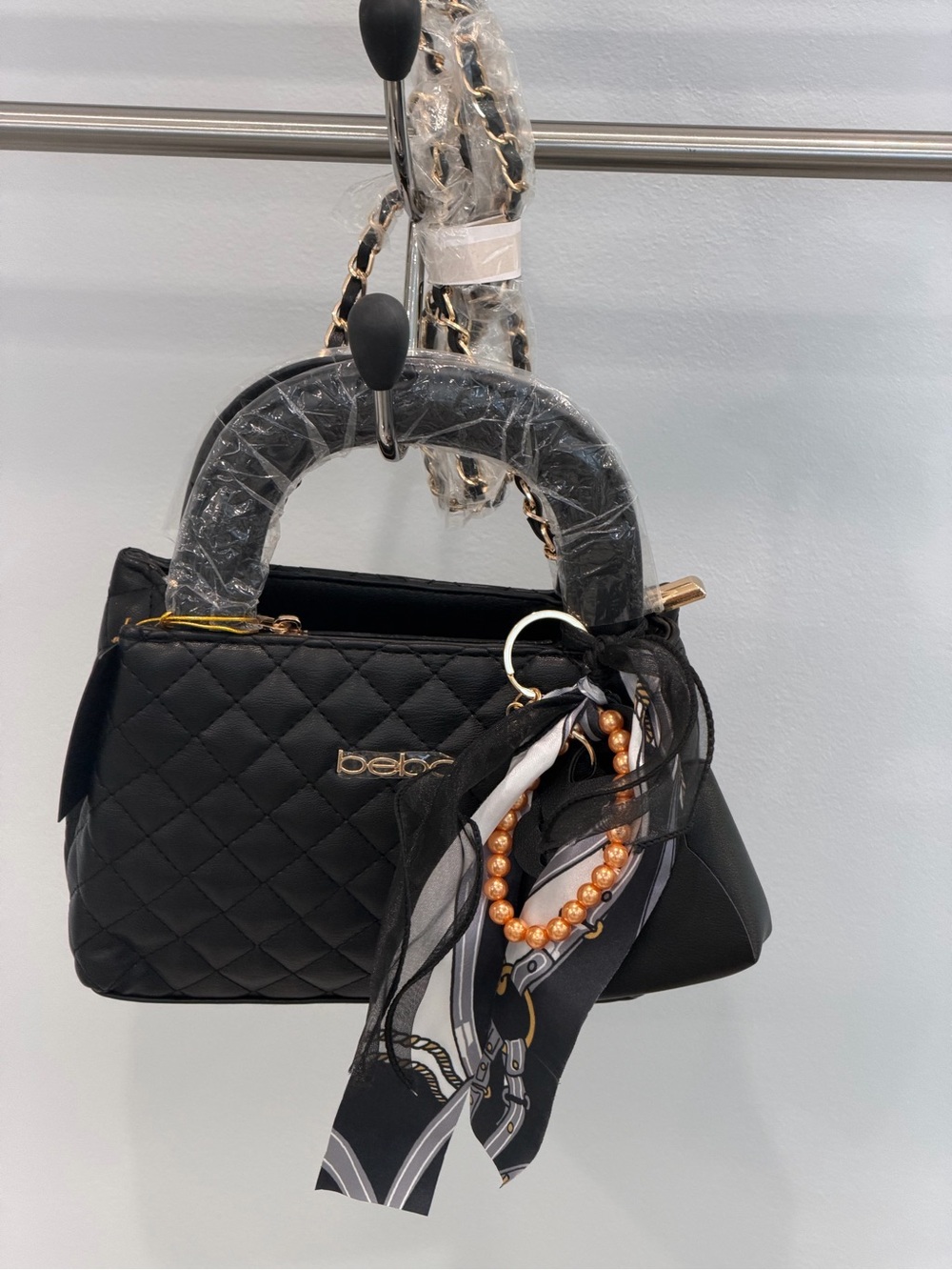 bebe Black Quilted Top-Handle Satchel with Scarf & Beaded Charm